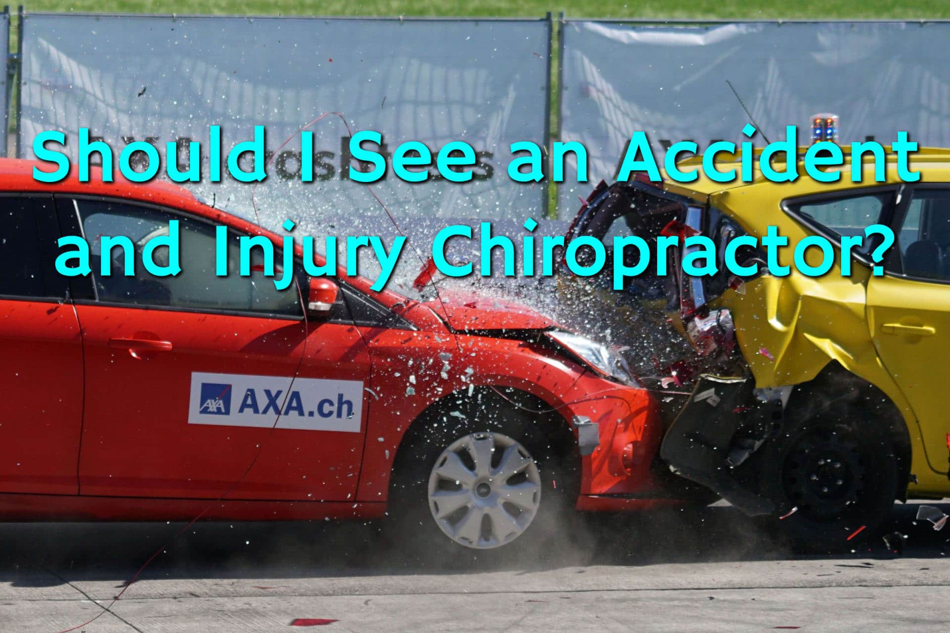 A red and yellow car crash and the driver needs an accident and injury chiropractor for their back pain.